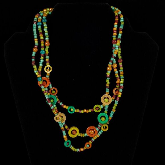 Boho Multicolor Bead Necklace Layered Statement Jewelry Retro Circles 16" - 19" - Picture 1 of 15